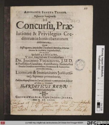 Disputatio Inauguralis, De Concursu, Praelatione & Privilegiis Creditorum in bonis obaeratorum debitorum