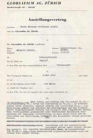 Anstellungsvertrag mit Gloriafilm, Zürich (Faksimile)