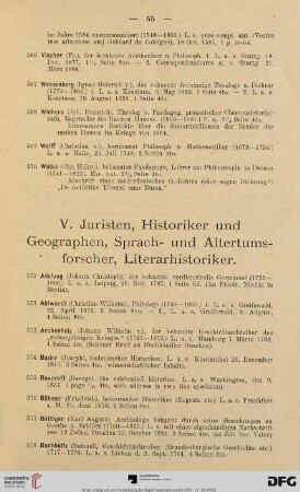 V. Juristen, Historiker und Geographen, Sprach- und Altertumsforscher, Literarhistoriker (Nr. 571 - 662)