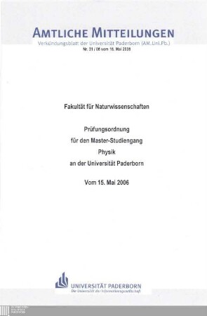 Prüfungsordnung für den Master-Studiengang Physik an der Universität Paderborn : vom 15. Mai 2006