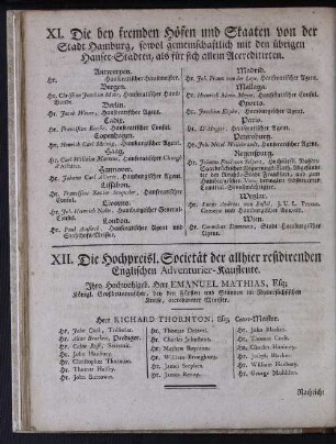 XI. Die bey fremden Höfen und Staaten von der Stadt Hamburg, sowol gemeinschaftlich mit den übrigen Hansee-Städten, als für sich allein Accreditirten.