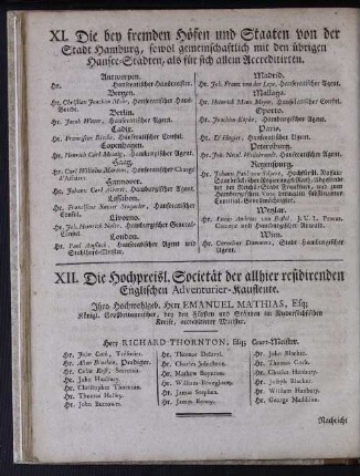 XI. Die bey fremden Höfen und Staaten von der Stadt Hamburg, sowol gemeinschaftlich mit den übrigen Hansee-Städten, als für sich allein Accreditirten.