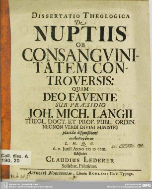 Dissertatio Theologica De Nuptiis Ob Consanguinitatem Controversis