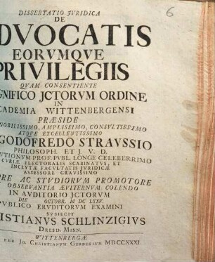 Dissertatio Juridica De Advocatis Eorvmqve Privilegiis