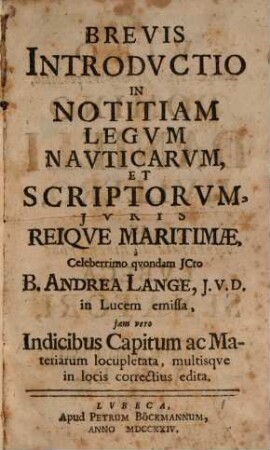 Brevis introductio in notitiam legum nauticarum et scriptorum iuris reique maritimae