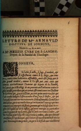 Lettre à Mr. Messier, Curé de S. Landry, Doyen de la Faculté de Theologie du Port Royal des Champs, 24. Nov. 1655