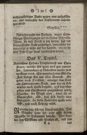 Das V. Capitel. Robinsons Liebes-Verständniß mit Christinen ... – Das VI. Capitel. Christina wird Robinsons Haußhälterin ...