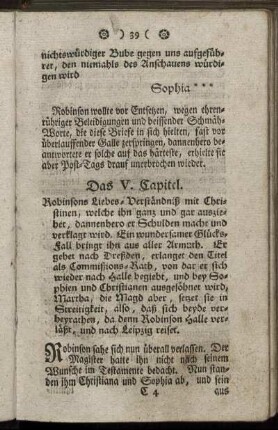 Das V. Capitel. Robinsons Liebes-Verständniß mit Christinen ... – Das VI. Capitel. Christina wird Robinsons Haußhälterin ...