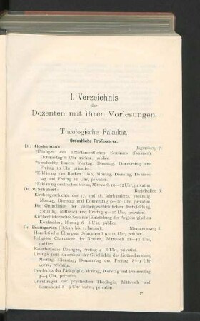 I. Verzeichnis der Dozenten mit ihren Vorlesungen.