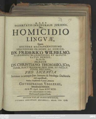 Dissertatio Inauguralis Juridica, De Homicidio Lingvæ