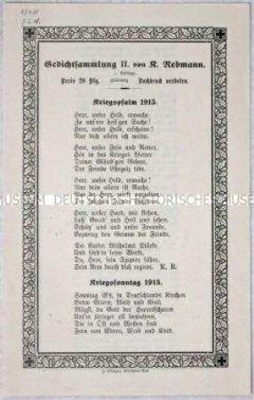 Flugblatt mit patriotischen Gedichten zum Krieg