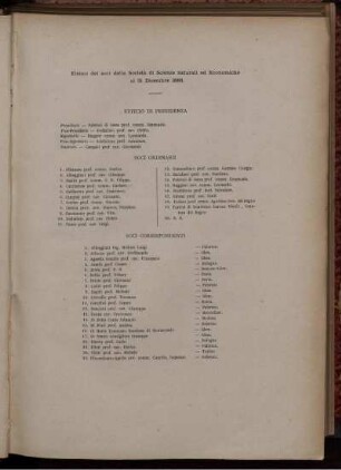 Elenco dei soci della Società di Scienze naturali ed Economiche al 31 Dicembre 1888.