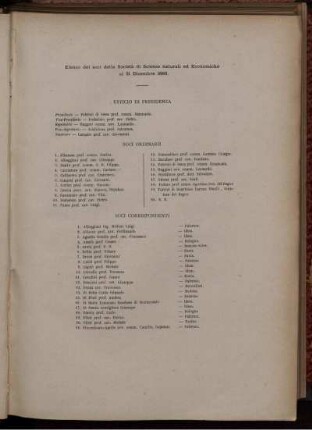 Elenco dei soci della Società di Scienze naturali ed Economiche al 31 Dicembre 1888.