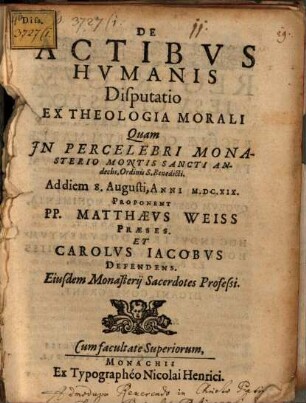 De Actibvs Hvmanis Disputatio Ex Theologia Morali