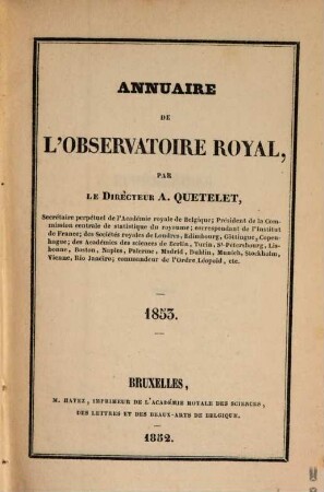 Annuaire de l'Observatoire Royal de Bruxelles. 20. 1853. - 1852