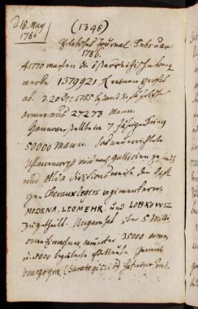 1348-1373, 18. May 1786 Politisches Journal Februar 1786 - 10. Juni 1786 Dislocation u. Staabsofficiere der 22. Regimenter 1784