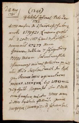 1348-1373, 18. May 1786 Politisches Journal Februar 1786 - 10. Juni 1786 Dislocation u. Staabsofficiere der 22. Regimenter 1784