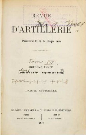 Revue d'artillerie. 14. 1879 = Année 7