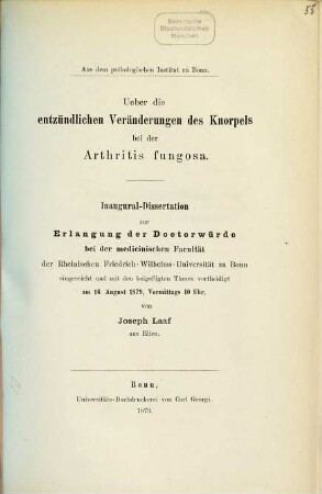 Über die entzündlichen Veränderungen des Knorpels bei der Arthritis fungosa : Inaug.-Diss.