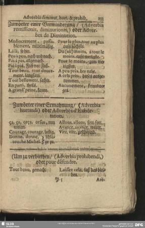 Zuwörter einer Verminderung, (Adverbia remissionis, diminutionis,) oder Adverbes de Diminution