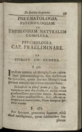 Pneumatologia Psychologiam Et Theologiam Naturalem Complexa. Psychologia Cap. Praeliminare. De Spiritu In Genere.