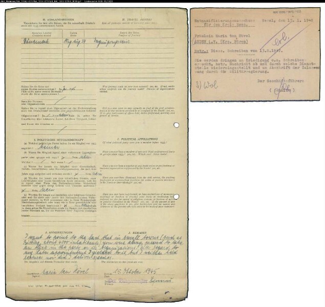 Entnazifizierung Maria Ten Hoevel , geb. 10.06.1908 (Studienraetin)