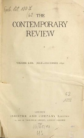 Contemporary review. 62. 1892