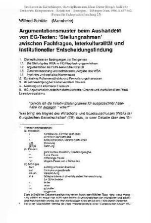 Argumentationsmuster beim Aushandeln von EG-Texten: 'Stellungnahmen' zwischen Fachfragen, Interkulturalität und institutioneller Entscheidungsfindung