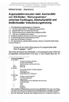 Argumentationsmuster beim Aushandeln von EG-Texten: 'Stellungnahmen' zwischen Fachfragen, Interkulturalität und institutioneller Entscheidungsfindung