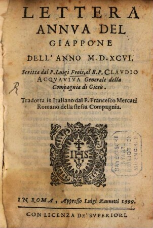 Lettera annua del Giappone dell'anno 1596 ... al E. Acquaviva