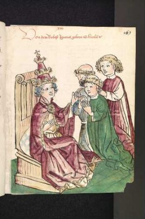Papst Hyginus bestätigt (segnend) drei Geistliche