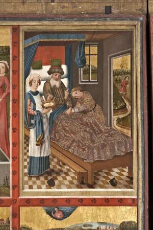 Hauptaltar, sog. Erzväteraltar — Szenen der Geschichte der Erzväter — Linker, innerer Altarflügel (Außenseite) mit vier Bildfeldern — Isaaks Segen