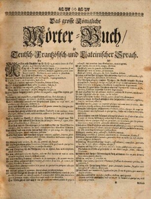 Le Grand Dictionaire Royal François-Latin-Alleman, Latin-Alleman-François, alleman-françois-latin; mais encore accompagné de cinquante descriptions de diverses choses tout-a-fait admirables, & d'un petit traitté fort-curieux de la vénerie et de la fauconnerie traduit en allemand ..., [2]. Deutsch-Französisch-Lateinisch