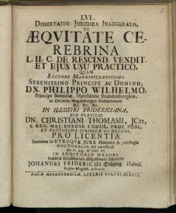 Dissertatio Juridica Inauguralis, De Æqvitate Cerebrina L. II. C. De Rescind. Vendit. Et Ejus Usu Practico