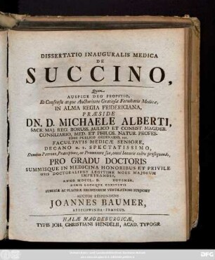 Dissertatio Inauguralis Medica De Succino