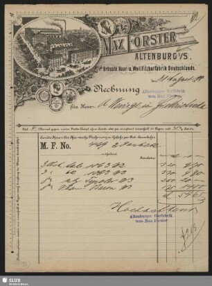 Max Förster, Altenburg i. S., Haar- u. Wollfilzhutfabrik : Rechnung