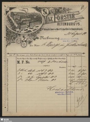 Max Förster, Altenburg i. S., Haar- u. Wollfilzhutfabrik : Rechnung