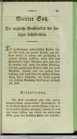 Vierter Satz. Die ungleiche Brechbarkeit der farbigen Lichtstrahlen