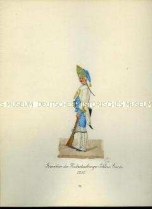 Uniformdarstellung, Grenadier der Hubertusburger Schloss-Garde, 1750. Aus: Sammelmappe "Sachsens Militär", Königliche Arsenalsammlung.