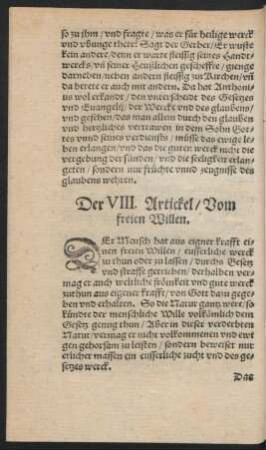 Vom VIII. Artickel/ Vom freien Willen.