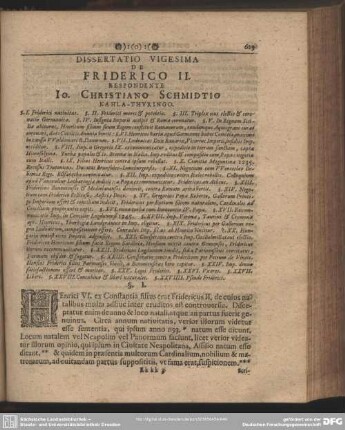 Dissertatio Vigesima De Friderico II. Respondente Io. Christiano Schmidtio Kahla-Thuringo