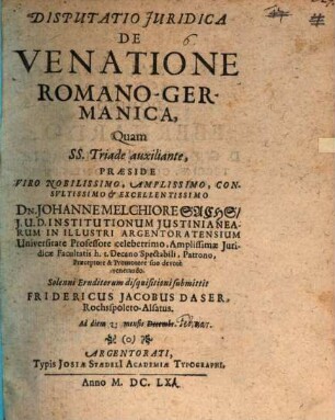 Disputatio juridica de venatione Romano-Germanica