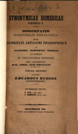 Synonymicae Homericae particula I : Diss. inaug.