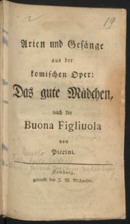Arien und Gesänge aus der komischen Oper: Das gute Mädchen : nach der Buona Figliuola