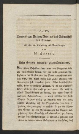 No. IV. Gregor's von Nazianz Rede auf das Geburtsfest des Erlösers, übersetzt, mit Einleitung und Anmerkungen von M. Hänsel