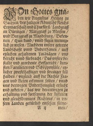 Von Gottes gnaden wir Augustus Hertzog zu Sachsen ...