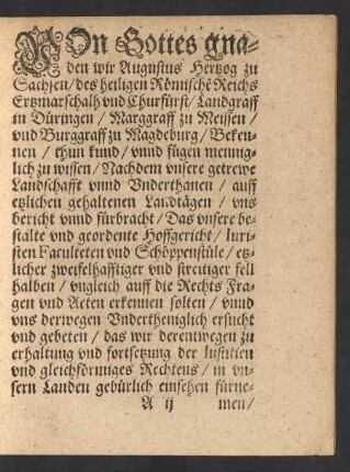Von Gottes gnaden wir Augustus Hertzog zu Sachsen ...