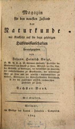 Magazin für den neuesten Zustand der Naturkunde mit Rücksicht auf die dazugehörigen Hülfswissenschaften. 6, 6. 1803