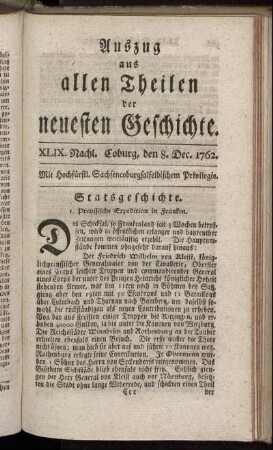 XLIX. Nachl. Coburg, den 8. Dec. 1762.