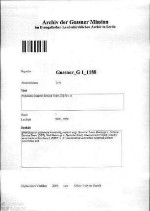 Protokolle Gossner Service Team (GST) u. a.